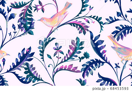 Seamless pattern with birds, dragonfly and branches with leaves. Hand drawn by color pencils realistic flora and fauna background. Nature motif in vintage style 68453593