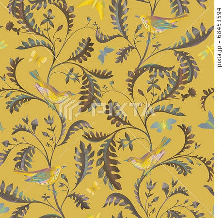 Seamless pattern with birds, dragonfly and branches with leaves. Hand drawn by color pencils realistic flora and fauna background. Nature motif in vintage style 68453594