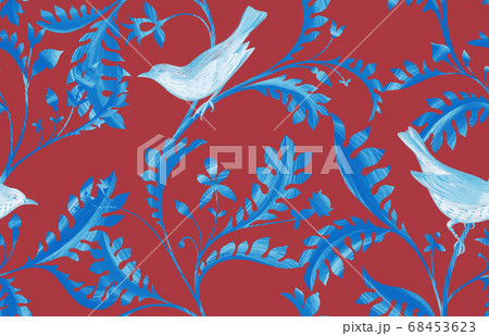 Seamless pattern with birds, dragonfly and branches with leaves. Hand drawn by color pencils realistic flora and fauna background. Nature motif in vintage style 68453623