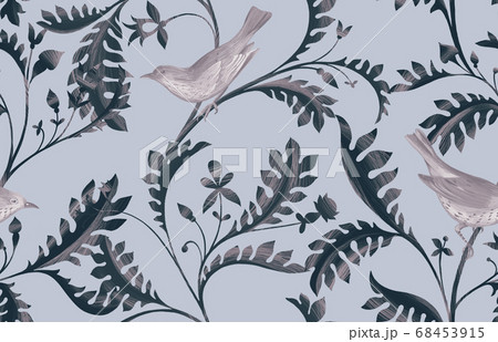 Birds on the tree branches. Seamless pattern. Animal silhouettes in vintage style. Nature motif with small birds, boughs with leaves 68453915