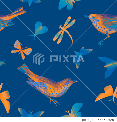 Birds on the tree branches. Seamless pattern. Animal silhouettes in vintage style. Nature motif with small birds, boughs with leaves 68453926
