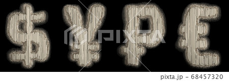 Set of symbols dollar, yen, rouble and euro made of industrial metal 3D 68457320