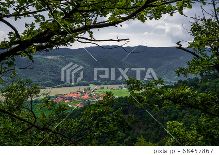 Vineyards And Settlement Beneath River Danube In Wachau Valley In Austria 68457867