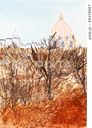 hand-drawn ome of cathedral over garden in autumn hand-drawn ome of cathedral over garden in autumn 68458667