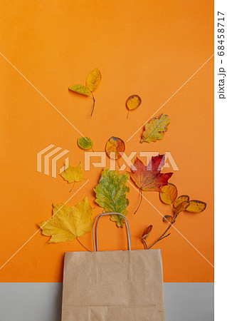 Fall leaves in craft paper bag on orange background. Fall leaves in craft paper bag on orange background. 68458717