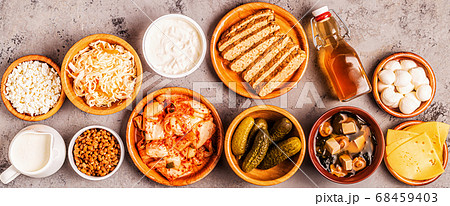 Fermented food, probiotics, top view Fermented food, probiotics, top view 68459403