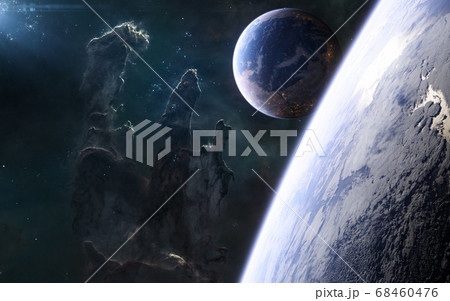 Inhabited planets of deep space against background of the Pillars of Creation. Beautiful deep space landscape 68460476