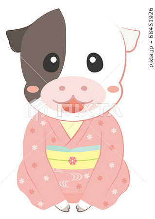 着物を着た牛のキャラクターのイラスト素材