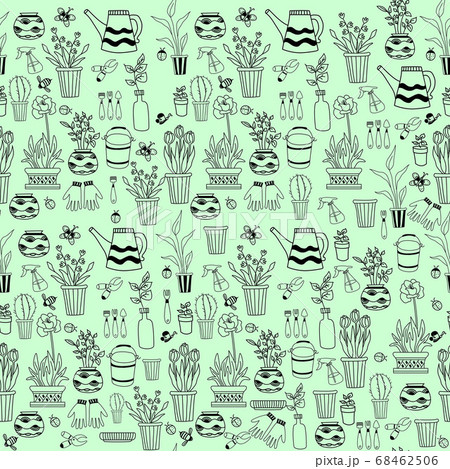 Template. Seamless pattern with black contour of indoor plants in pots on a light background. Tools, flowers tulips, pots, watering can, bees, butterflies. The concept of home, garden, design. Vector Template. Seamless pattern with black contour of indoor plants in pots on a light background. Tools, flowers tulips, pots, watering can, bees, butterflies. The concept of home, garden, design. Vector 68462506