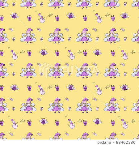 New year 2021 pattern. Christmas magic seamless pattern. Cute fairies and snowman, Christmas star and gifts on a yellow background. For New Year decorations and design, packaging, printing. Vector 68462530