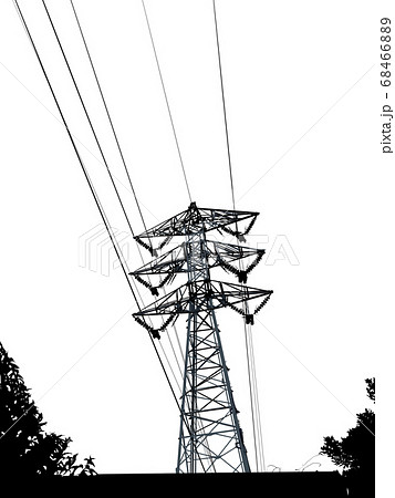 モノクロの送電塔と電線と木のシルエットのイラスト素材