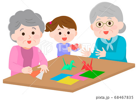 手先でレクリレーション 子供と折り紙する高齢者2 イラストのイラスト素材