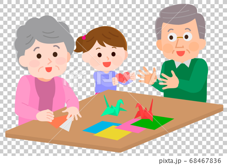 手先でレクリレーション 子供と折り紙する高齢者1 イラストのイラスト素材