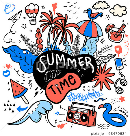 Summer beach hand drawn vector funny people and Summer beach hand drawn vector funny people and 68470624