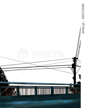 白黒の電柱と木と古い橋のシルエットのイラスト素材