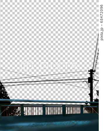 白黒の電柱と木と古い橋のシルエットのイラスト素材