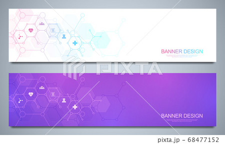Banners design template for healthcare and medical decoration with flat icons and symbols. Science, medicine and innovation technology concept. 68477152