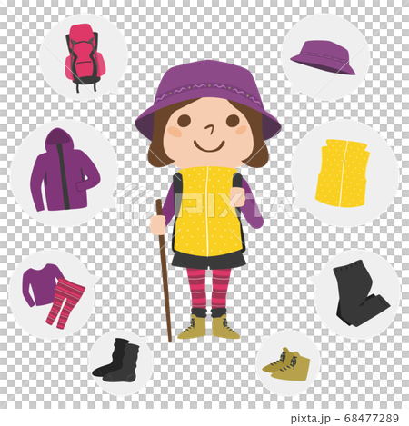 登山の服装を準備した女性のイラスト。ウィンドブレーカーなどの防寒ウェアも。 登山の服装を準備した女性のイラスト。ウィンドブレーカーなどの防寒ウェアも。 68477289