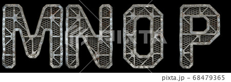 Mechanical alphabet made from rivet metal with gears on black background. Set of letters M, N, O, P. 3D 68479365