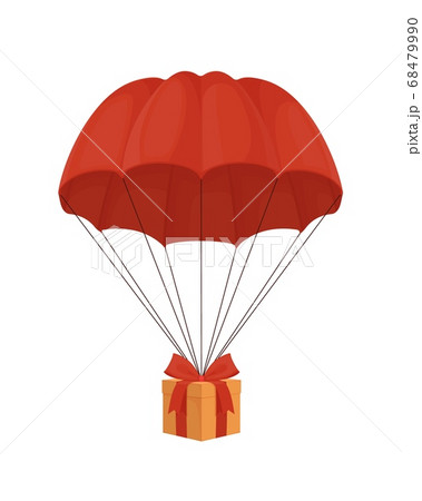 Gift box on a parachute. Surprise with red ribbon descends from sky under an elegant dome. 68479990