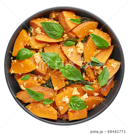 Pad Faktong or Thai Stir-fried Pumpkin in black bowl isolated on white 68482771