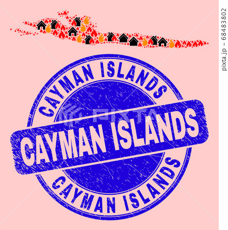 Hvar Island Map Composition of Fire and Buildings and Textured Cayman Islands Seal Stamp 68483802