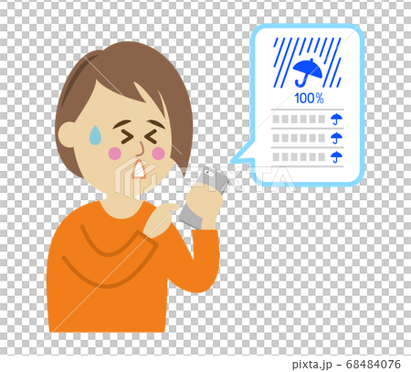 Illustration image of a woman who gets tired of knowing that heavy rain will continue on a smartphone Illustration image of a woman who gets tired of knowing that heavy rain will continue on a smartphone 68484076