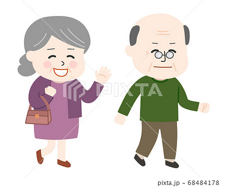 楽しそうにお散歩をする老夫婦 イラストのイラスト素材