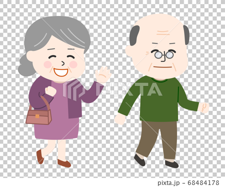 楽しそうにお散歩をする老夫婦 イラストのイラスト素材