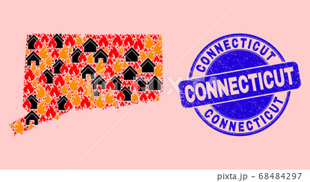 Connecticut State Map Composition of Flame and Houses and Textured Connecticut Seal 68484297