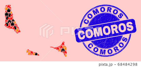 Comoros Islands Map Mosaic of Flame and Homes and Grunge Comoros Stamp 68484298