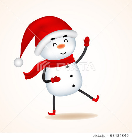 Snowman with Red Scarf and Santa Cap. Christmas cute cartoon character.Vector illustration of elf on white background. Isolated. Snowman with Red Scarf and Santa Cap. Christmas cute cartoon character.Vector illustration of elf on white background. Isolated. 68484346