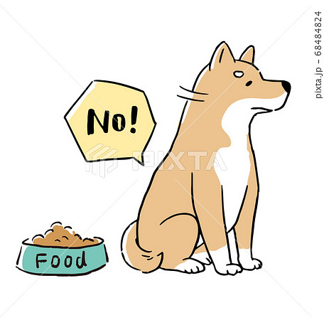 食欲がなくドッグフードを食べない柴犬の線画イラストセットのイラスト素材