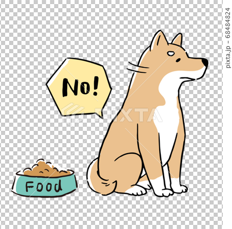 食欲がなくドッグフードを食べない柴犬の線画イラストセットのイラスト素材