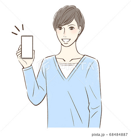 笑顔でスマホの画面をこちらに見せる男性＿縦持ち 68484887