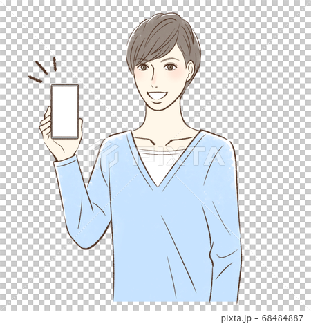 笑顔でスマホの画面をこちらに見せる男性＿縦持ち 68484887