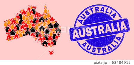 Australia Map Mosaic of Fire and Houses and Distress Australia Stamp Australia Map Mosaic of Fire and Houses and Distress Australia Stamp 68484915