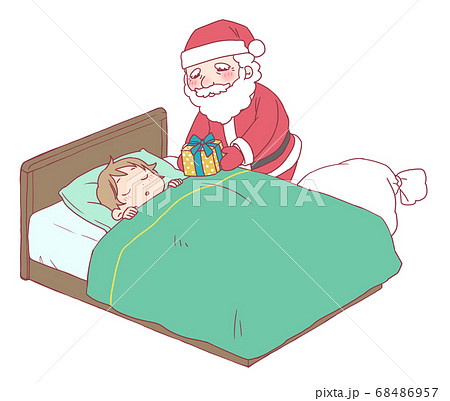 ベッドで寝ている子供にプレゼントをあげるサンタクロースのイラスト素材