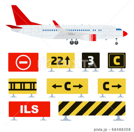 Airport traffic signs red, yellow, black colors indicating warning, restricting traffic at the airport vector illustrations isolated on white Airport traffic signs red, yellow, black colors indicating warning, restricting traffic at the airport vector illustrations isolated on white 68488308