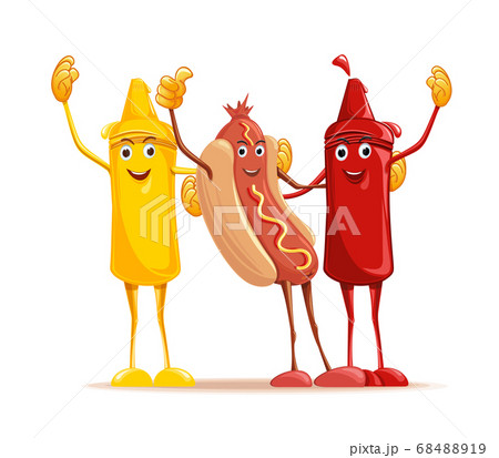 Mustard, hotdog and ketchup cuddling. Best friends Mustard, hotdog and ketchup cuddling. Best friends 68488919