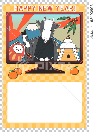 New Year's card material Beef through the monitor Yellow background with greeting 68490968