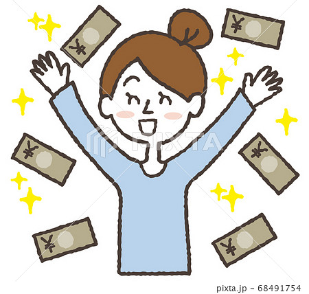 大金を手にして 歓喜している女性のイラストのイラスト素材
