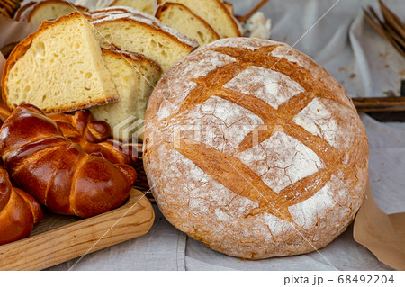 fresh rustic crusty bread natural delicious round 68492204