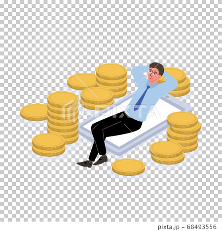 副業イメージ　スマホ　寝転ぶ　男性のイラスト　 68493556