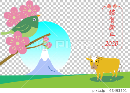 21年賀状 富士山と牛とうぐいす はがきテンプレート のイラスト素材