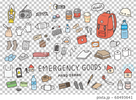 非常持ち出しグッズにまつわる手描きイラストセット(カラー) 非常持ち出しグッズにまつわる手描きイラストセット(カラー) 68493641