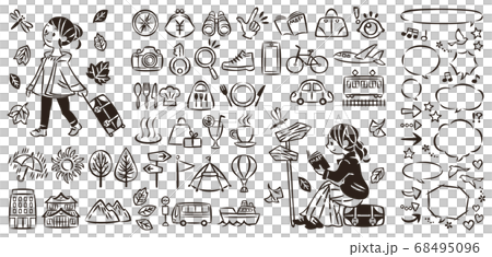 秋の紅葉狩り旅行を楽しむ女性 アイコンイラストと吹き出し セットのイラスト素材