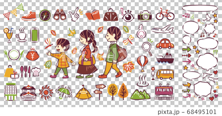秋の紅葉狩り旅行を楽しむ家族 アイコンイラストと吹き出し セットのイラスト素材