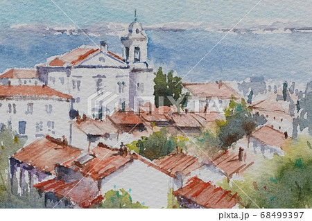 ヨーロッパの古い街　プロヴァンス　水彩画　風景画 68499397