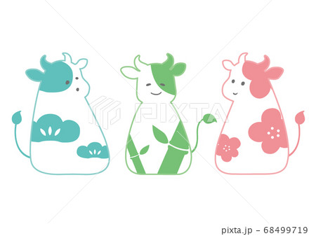 3頭の松竹梅の柄の牛のイラスト素材 3頭の松竹梅の柄の牛のイラスト素材 68499719